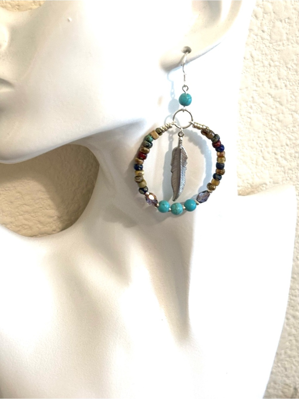 Hand Crafted Turquoise Howlite Beaded Feather Hoop Earrings - Women Jewelry - Picture 4 of 8